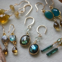 Earrings of Teal Green Tourmaline Natural Uncut Crystals and Green Tourmaline, 14k Gold Filled and 22k Gold Plated