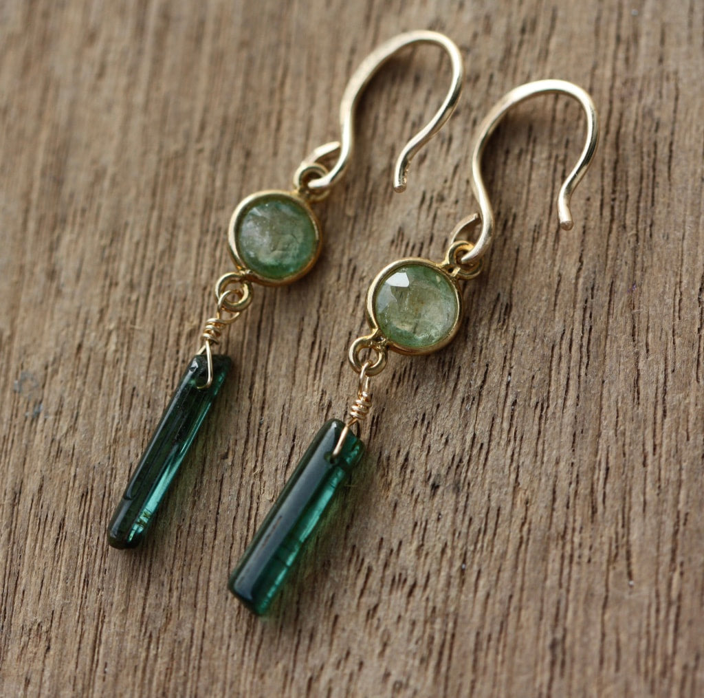 Earrings of Teal Green Tourmaline Natural Uncut Crystals and Green Tourmaline, 14k Gold Filled and 22k Gold Plated