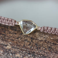 Rose Cut Salt and Pepper Diamond Slice, 18k Gold and Organic Cotton Macrame Adjustable Bracelet
