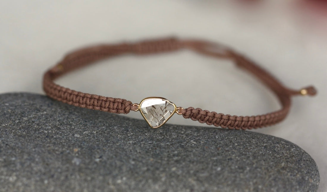Rose Cut Salt and Pepper Diamond Slice, 18k Gold and Organic Cotton Macrame Adjustable Bracelet