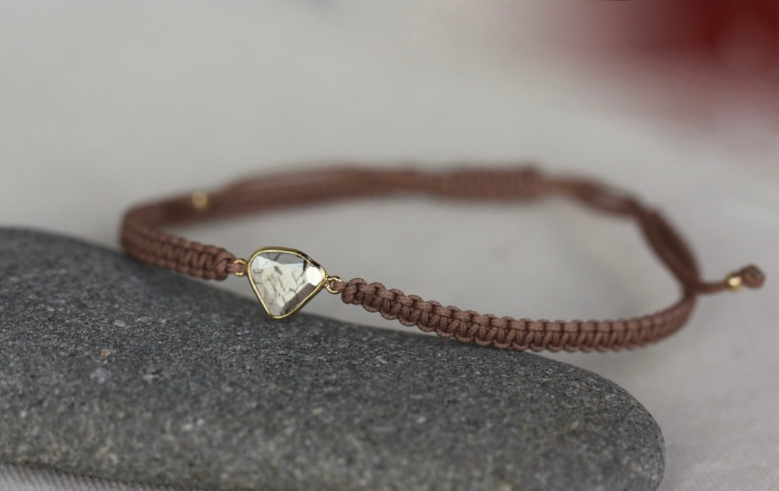Rose Cut Salt and Pepper Diamond Slice, 18k Gold and Organic Cotton Macrame Adjustable Bracelet