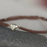 Rose Cut Salt and Pepper Diamond Slice, 18k Gold and Organic Cotton Macrame Adjustable Bracelet