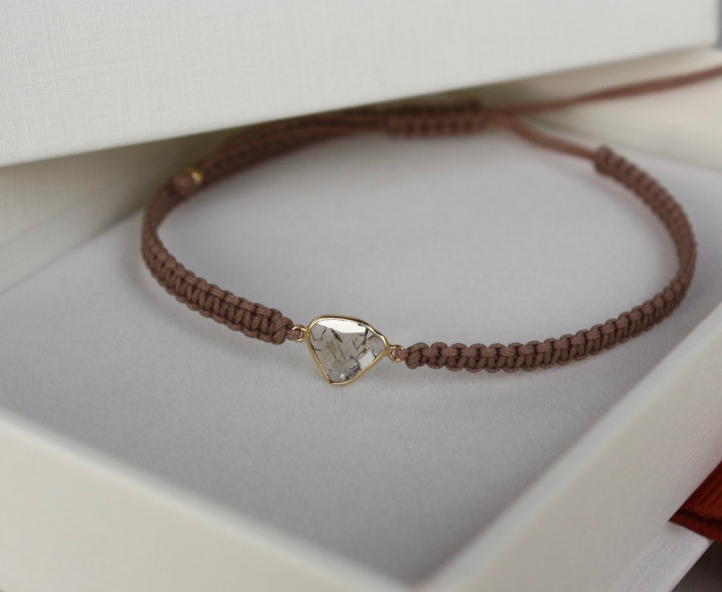 Rose Cut Salt and Pepper Diamond Slice, 18k Gold and Organic Cotton Macrame Adjustable Bracelet