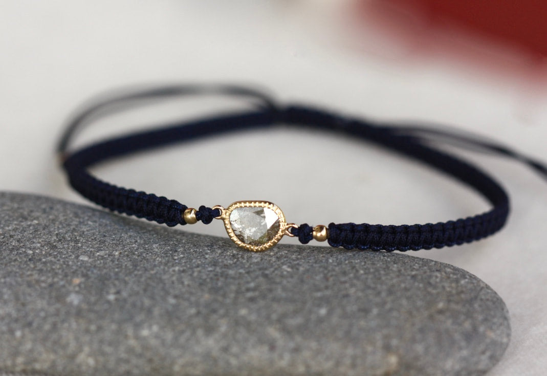 Rose Cut Salt and Pepper Diamond Slice, 18k Gold and Organic Cotton Adjustable Macrame Bracelet