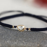 Rose Cut Salt and Pepper Diamond Slice, 18k Gold and Organic Cotton Adjustable Macrame Bracelet
