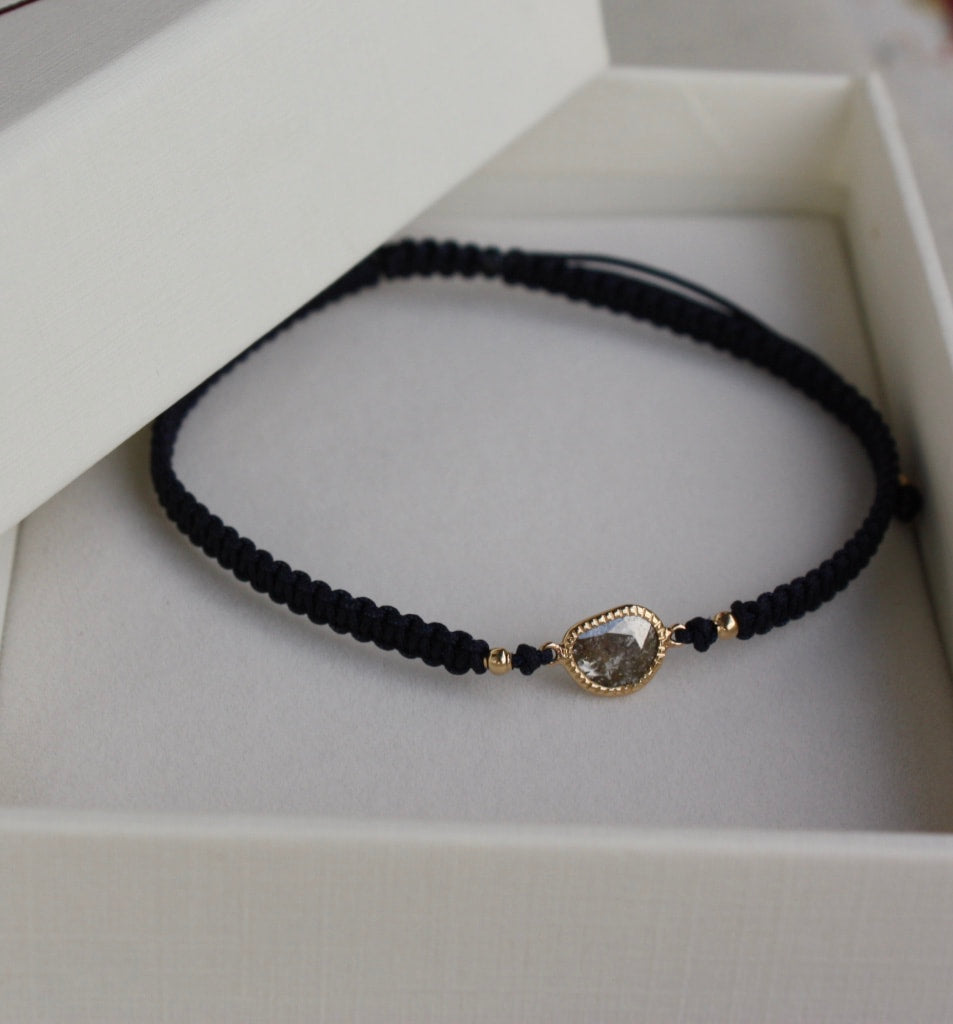 Rose Cut Salt and Pepper Diamond Slice, 18k Gold and Organic Cotton Adjustable Macrame Bracelet