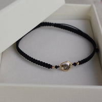Rose Cut Salt and Pepper Diamond Slice, 18k Gold and Organic Cotton Adjustable Macrame Bracelet