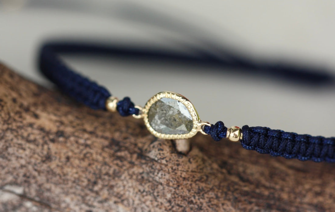 Rose Cut Salt and Pepper Diamond Slice, 18k Gold and Organic Cotton Adjustable Macrame Bracelet