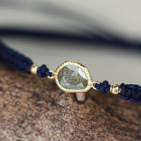 Rose Cut Salt and Pepper Diamond Slice, 18k Gold and Organic Cotton Adjustable Macrame Bracelet