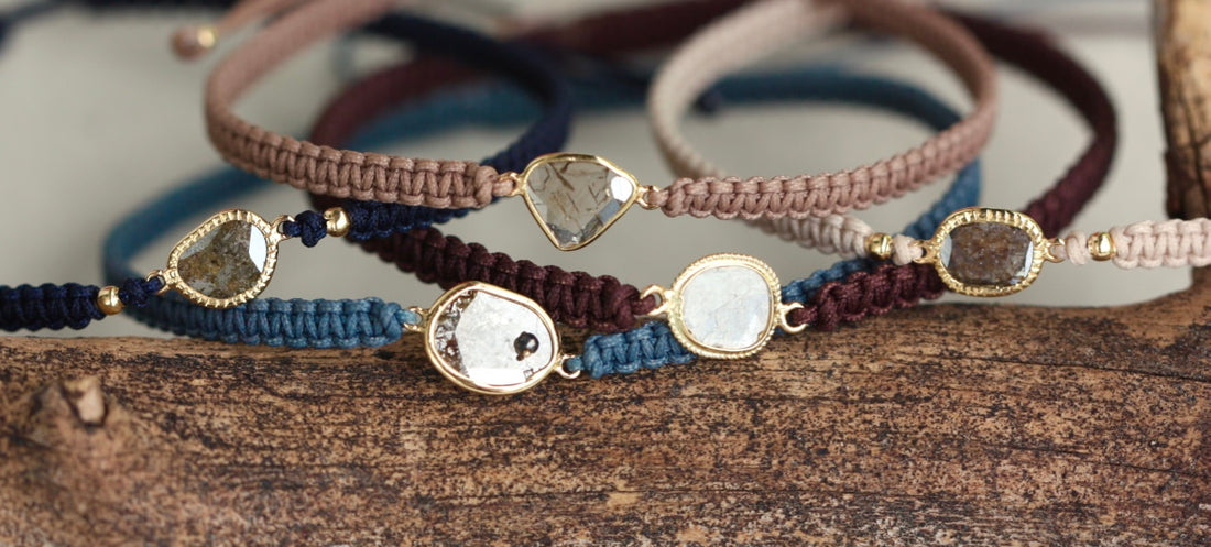 Rose Cut Salt and Pepper Diamond Slice, 18k Gold and Organic Cotton Adjustable Macrame Bracelet