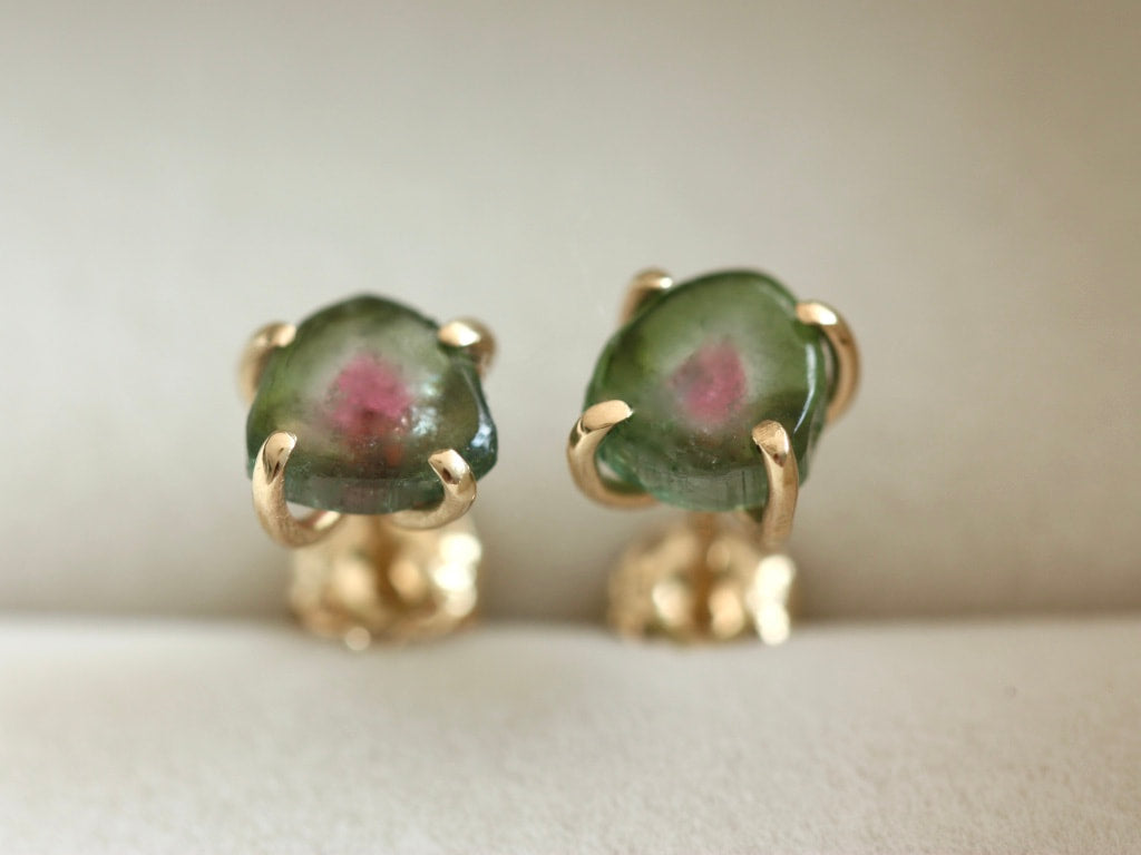 Bi-Color Watermelon Tourmaline Slice Green and Pink Tourmaline Stud Earrings, October Birthstone Earrings