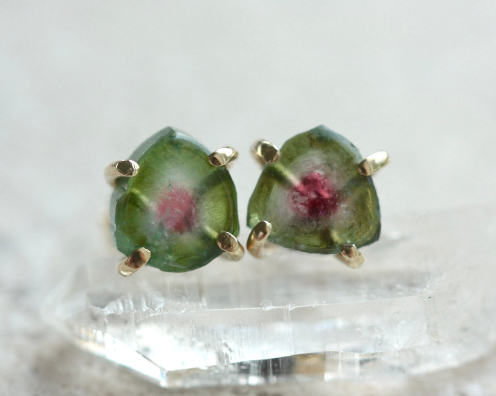 Bi-Color Watermelon Tourmaline Slice Green and Pink Tourmaline Stud Earrings, October Birthstone Earrings