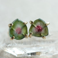 Bi-Color Watermelon Tourmaline Slice Green and Pink Tourmaline Stud Earrings, October Birthstone Earrings