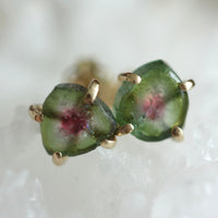 Bi-Color Watermelon Tourmaline Slice Green and Pink Tourmaline Stud Earrings, October Birthstone Earrings