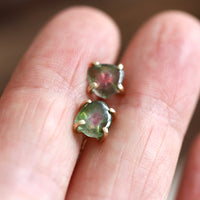 Bi-Color Watermelon Tourmaline Slice Green and Pink Tourmaline Stud Earrings, October Birthstone Earrings