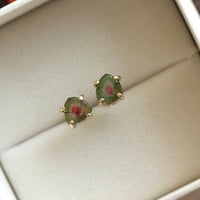 Bi-Color Watermelon Tourmaline Slice Green and Pink Tourmaline Stud Earrings, October Birthstone Earrings