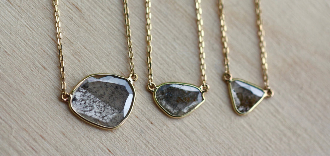 Diamond Slice Necklace in 18k Gold, Raw Salt and Pepper Diamond Necklace,  April Birthstone Necklace