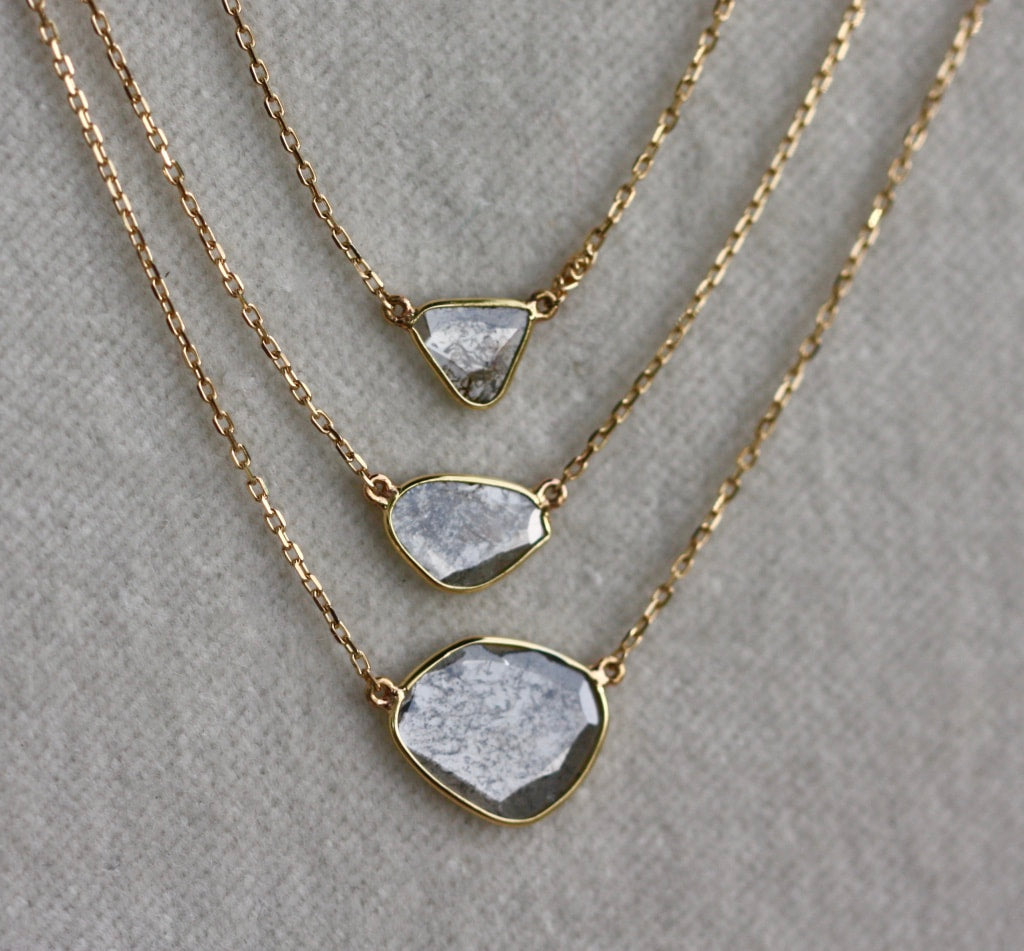 Diamond Slice Necklace in 18k Gold, Raw Salt and Pepper Diamond Necklace,  April Birthstone Necklace