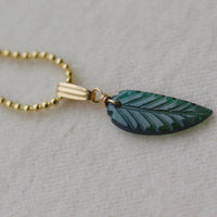 Carved Indicolite Tourmaline Leaf/Feather Necklace, 14k Gold Filled