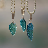 Carved Indicolite Tourmaline Leaf/Feather Necklace, 14k Gold Filled