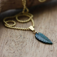 Carved Indicolite Tourmaline Leaf/Feather Necklace, 14k Gold Filled