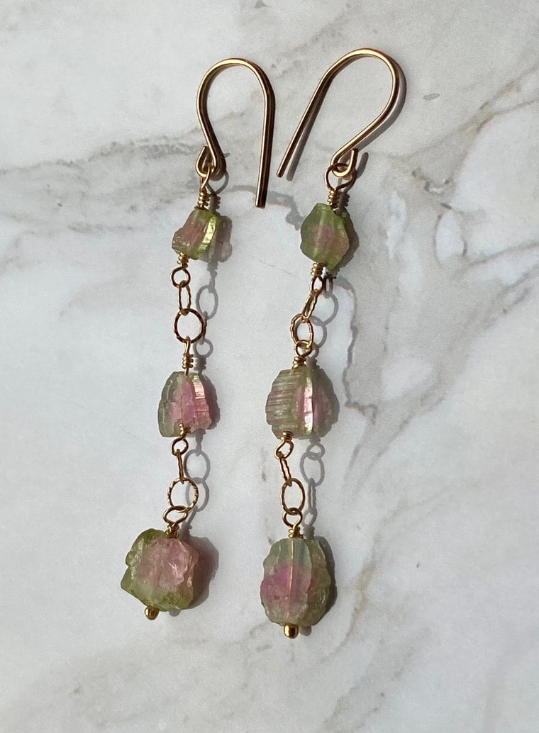 Raw Watermelon Bi-Color Tourmaline Slice Earrings