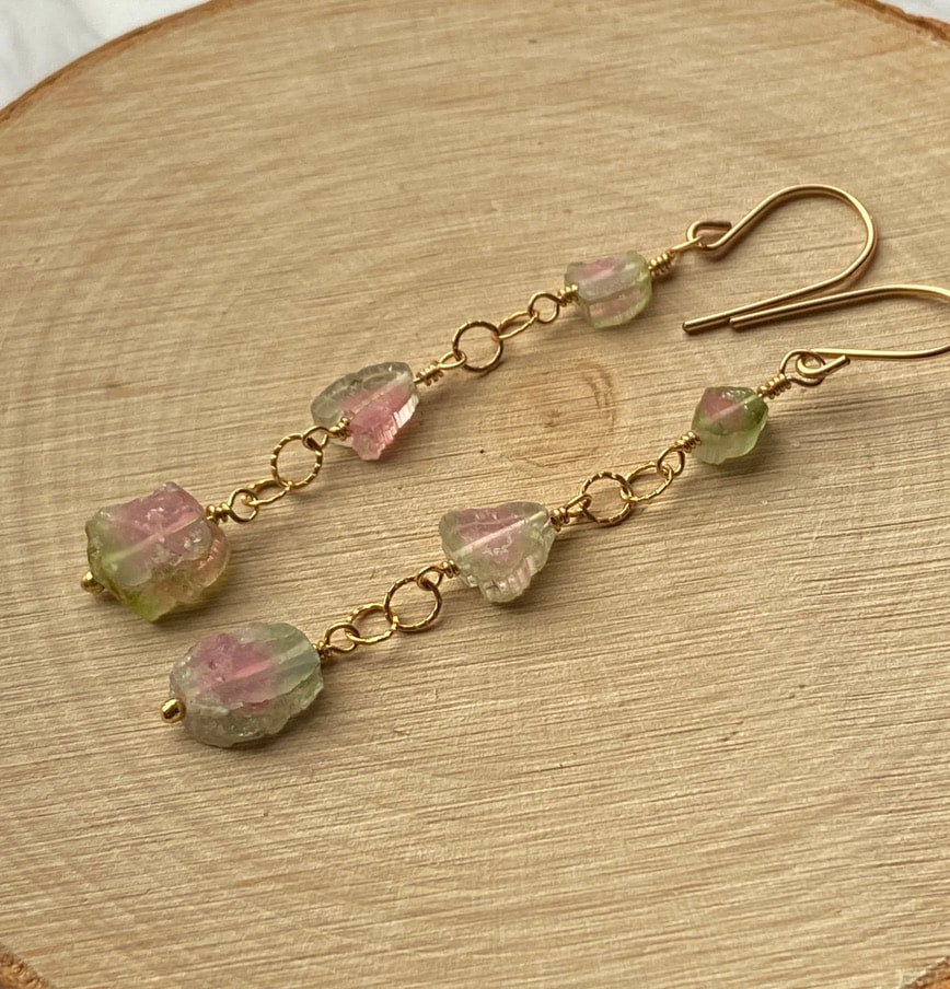 Raw Watermelon Bi-Color Tourmaline Slice Earrings