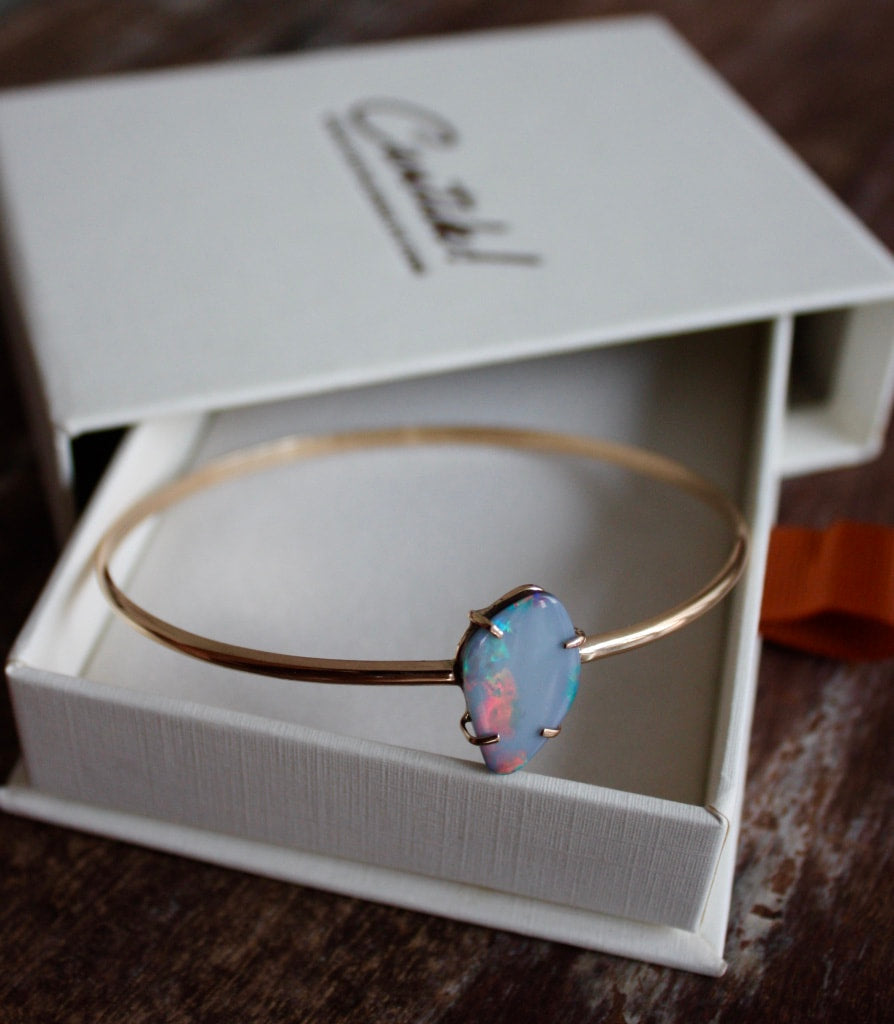 Australian Boulder Opal, Black Opal Bangle, 14k Gold/14k Gold Filled