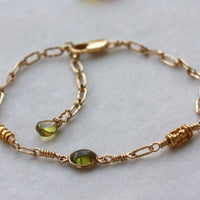 Chain Bracelet with Olive Green Tourmaline and 22k Gold Vermeil Beads, 14k Gold Filled