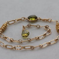 Chain Bracelet with Olive Green Tourmaline and 22k Gold Vermeil Beads, 14k Gold Filled