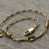 Chain Bracelet with Olive Green Tourmaline and 22k Gold Vermeil Beads, 14k Gold Filled