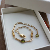 Chain Bracelet with Olive Green Tourmaline and 22k Gold Vermeil Beads, 14k Gold Filled