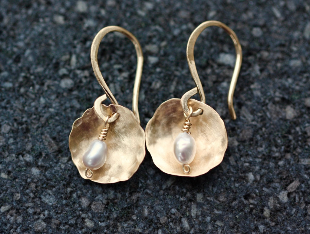 Hammered Petal and Pearl Earrings