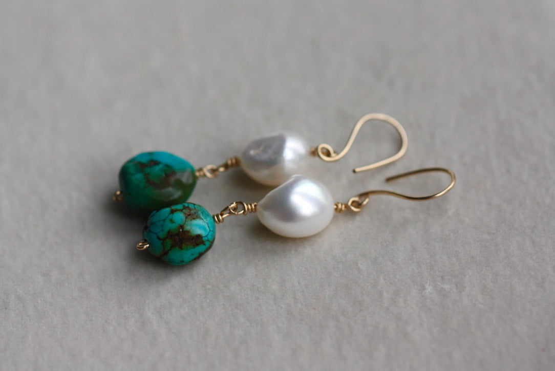 Long Tibetan Turquoise and Pearl Earrings