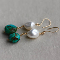 Long Tibetan Turquoise and Pearl Earrings