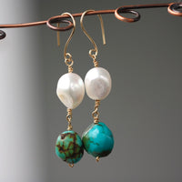 Long Tibetan Turquoise and Pearl Earrings