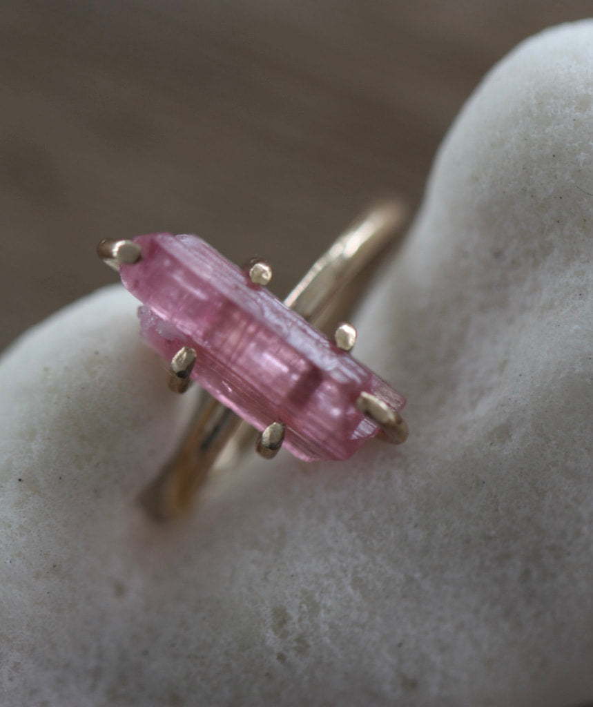 Raw Pink Tourmaline Crystal Ring, October Birthstone