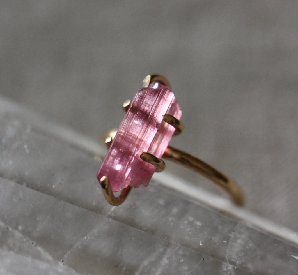 Raw Pink Tourmaline Crystal Ring, October Birthstone