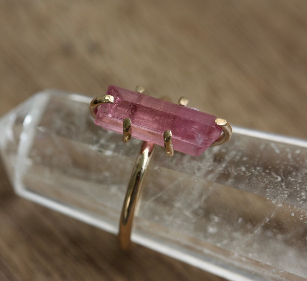 Raw Pink Tourmaline Crystal Ring, October Birthstone