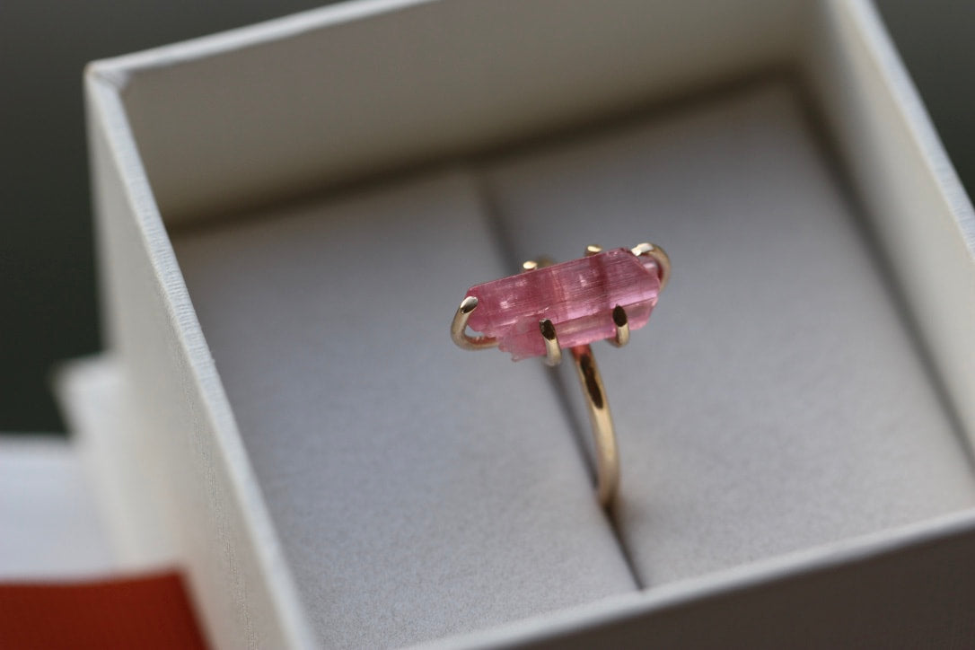 Raw Pink Tourmaline Crystal Ring, October Birthstone