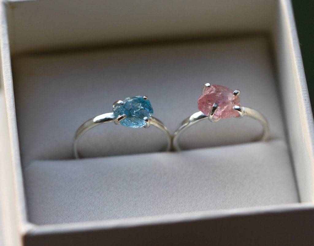 Uncut Natural Blue Brazilian Santa Maria Aquamarine Crystal Ring, March Birthstone