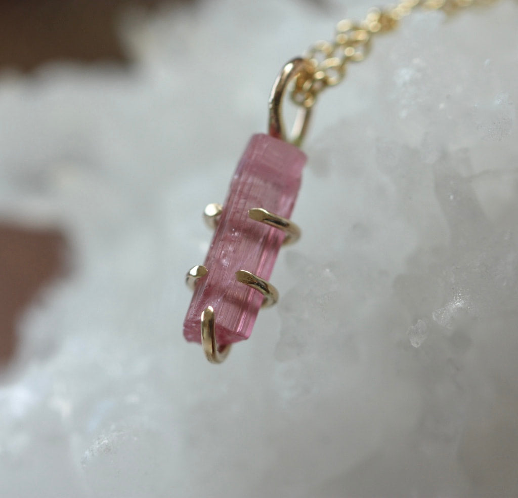 Raw Pink Tourmaline Pendant Necklace, October Birthstone