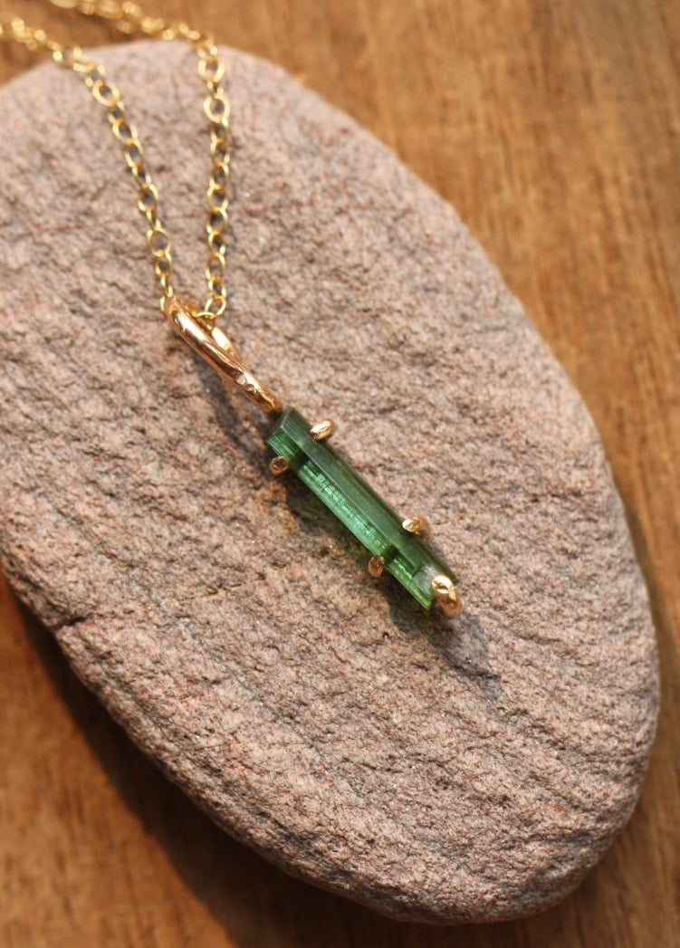 Raw Green Indicolite Tourmaline Pendant Necklace