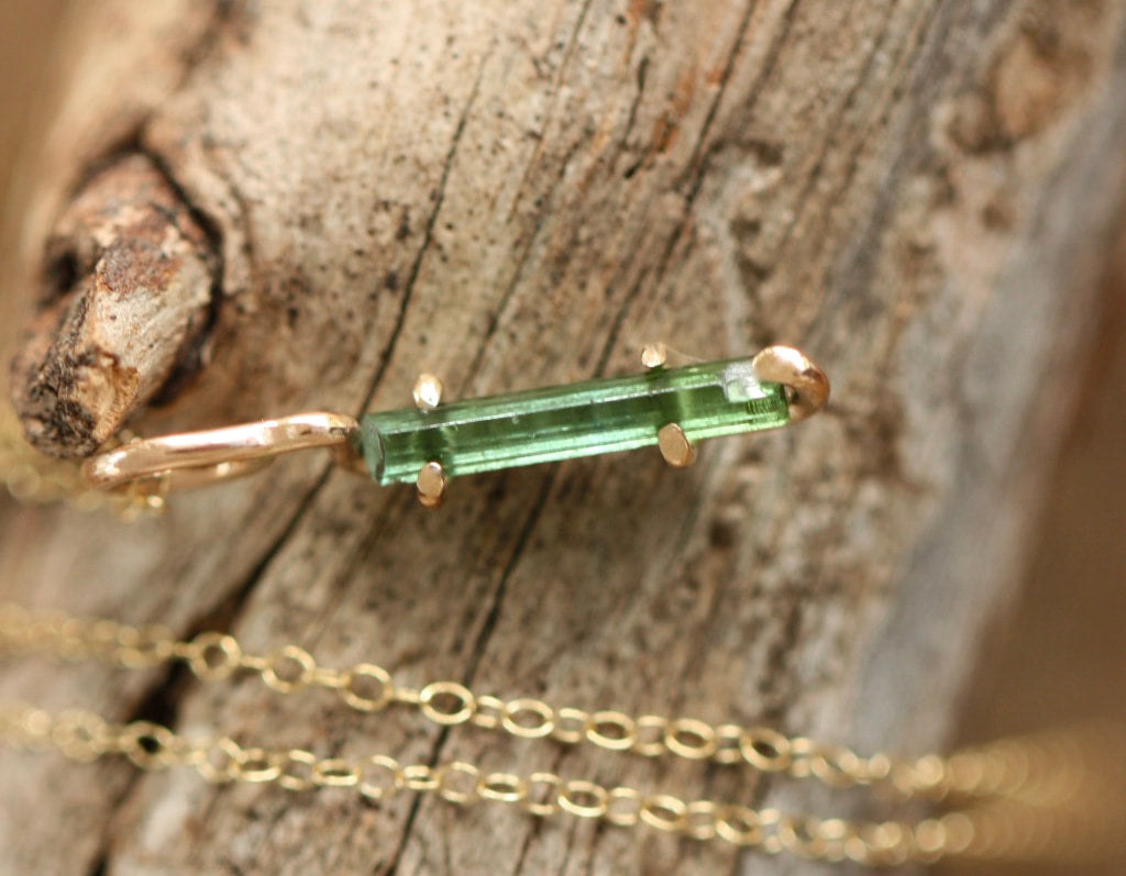 Raw Green Indicolite Tourmaline Pendant Necklace