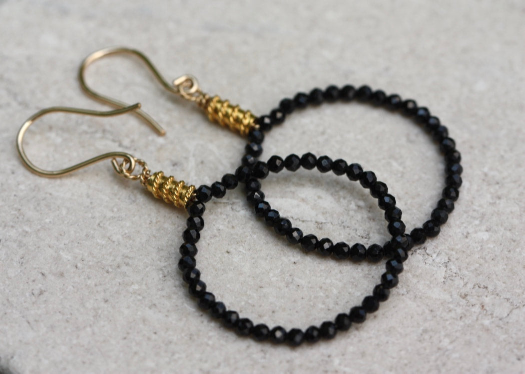 Natural Black Spinel Hoop Earrings, 14k Gold Filled/22k Gold Vermeil
