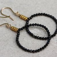 Natural Black Spinel Hoop Earrings, 14k Gold Filled/22k Gold Vermeil