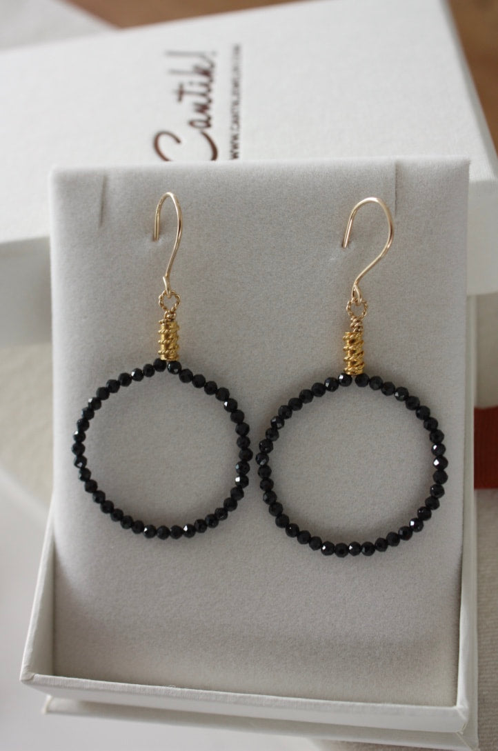 Natural Black Spinel Hoop Earrings, 14k Gold Filled/22k Gold Vermeil
