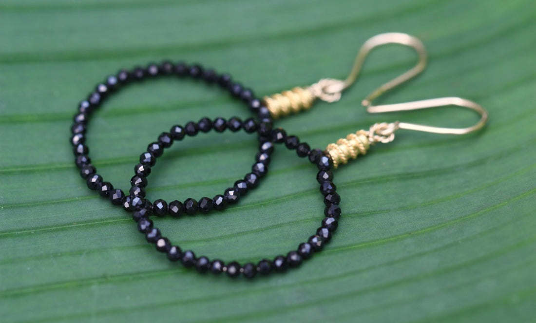 Natural Black Spinel Hoop Earrings, 14k Gold Filled/22k Gold Vermeil