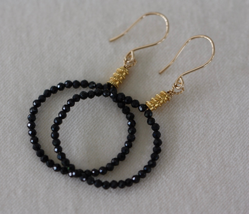 Natural Black Spinel Hoop Earrings, 14k Gold Filled/22k Gold Vermeil