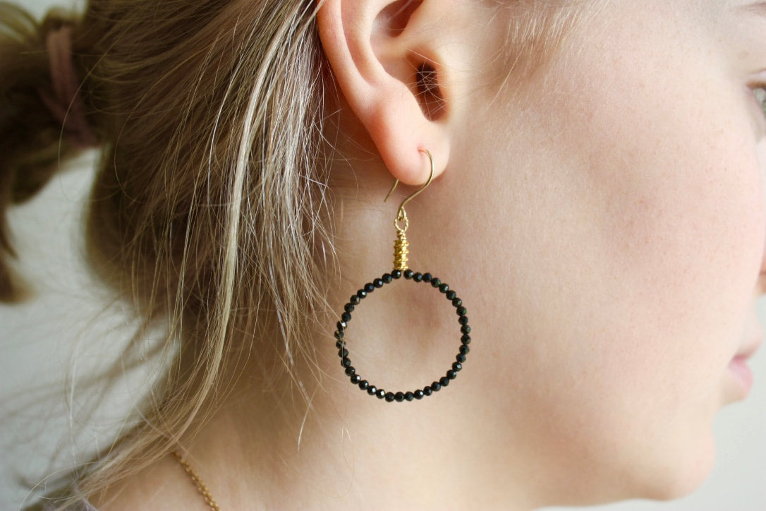 Natural Black Spinel Hoop Earrings, 14k Gold Filled/22k Gold Vermeil